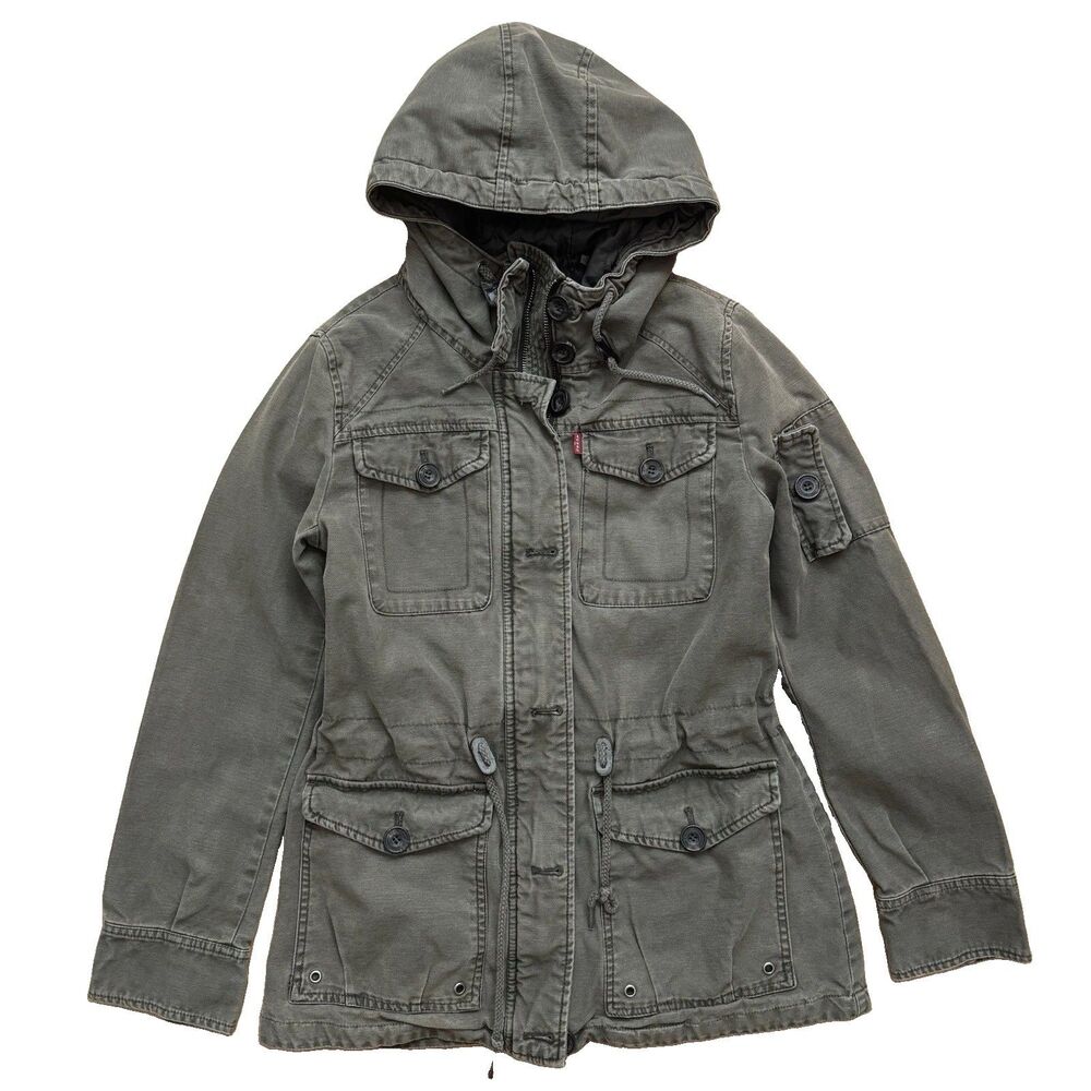 Levis Jacket Womens Small Green Hooded Military Canvas Utility Ripstop Field